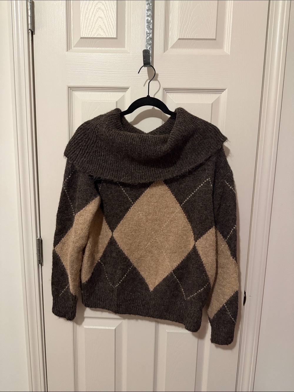 Zara Brown & Cream Argyle Cowl Neck Sweater